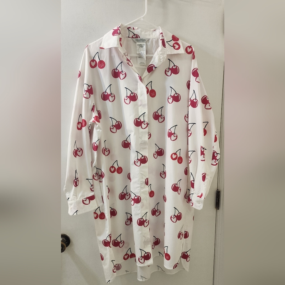 MaxMara Cherry Print Shirt Midi Dress, Size 12.